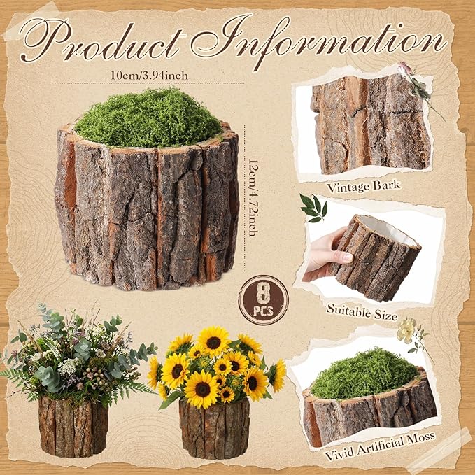 8 Set Wooden Vase for Centerpieces Wooden Flower Vase with Fake Green Moss Rustic Bark Stump Buckets Vintage Wood Planter Pots for Woodland Party Wedding Window Home Farmhouse Table Decor