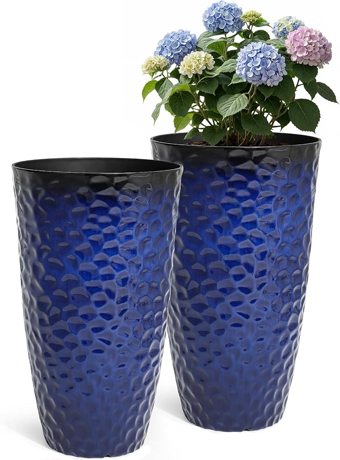 Ultym 23.75" H Large Tall Outdoor Planters, Set of 2 Plastic Large Flower Pots for Outdoor Plants, Gradient Cobalt Blue Honeycomb Textured, Weather-Resistant for Porch, Garden, Patio or Indoor Use