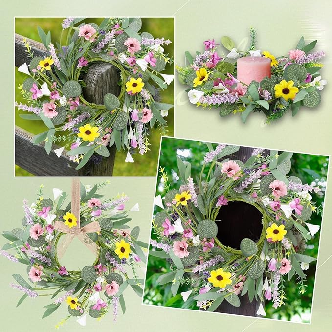 4 Pcs 9" Mini Spring Summer Flowered Wreath Floral Wedding Candle Rings Wreaths Kitchen Cabinet Wreaths with Ribbon for Pillars Wedding Table Centerpiece Farmhouse Party Home Door All Seasons Decor
