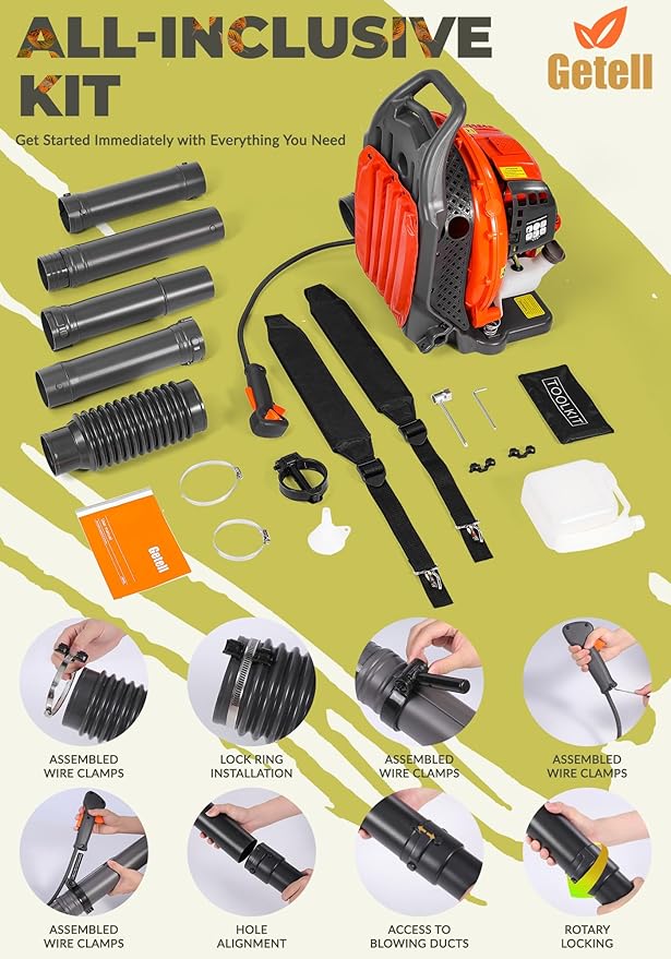Gas Powered Backpack Leaf Blower – 65CC 2-Stroke Engine, 850 CFM & 220 MPH for Heavy Duty Commercial Lawn Care, Wet Leaf & Debris Removal (GT3672)