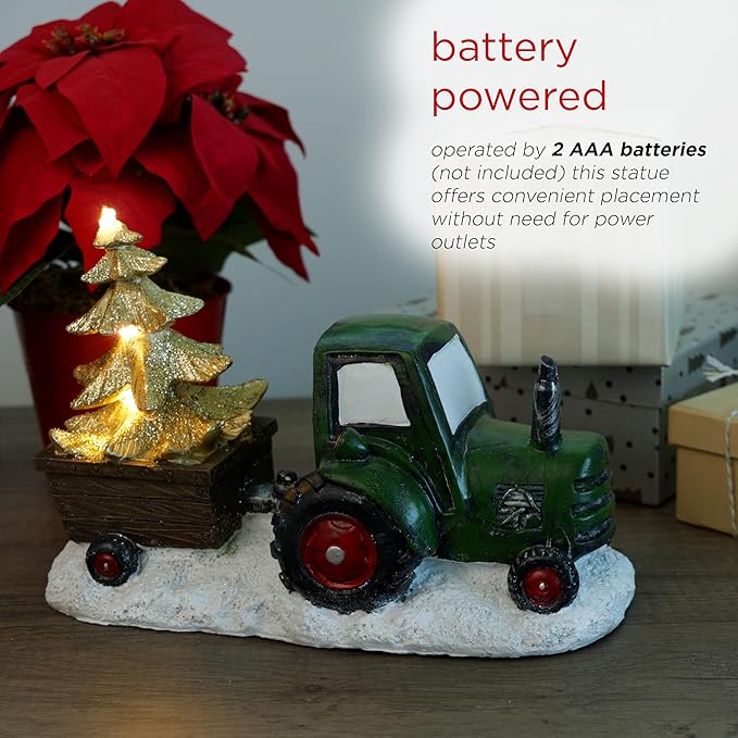 Alpine Corporation 7" Tall Holiday Green Tractor Pulling Gold Tree Statue with Warm White LED Lights, Christmas Decoration for Tabletop, Shelf, Mantel, or Entryway Display