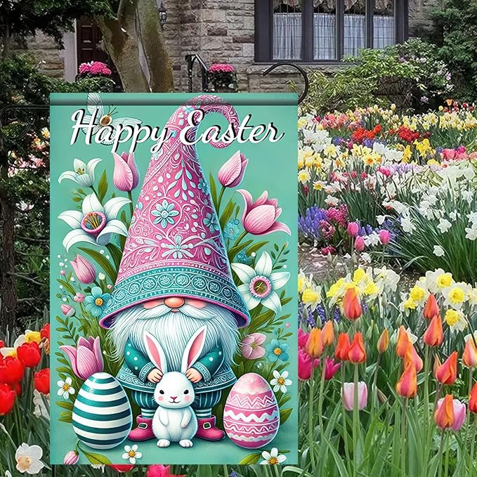 Happy Easter Garden Flag 12x18 Inch Double Sided Easter Gnome Bunny Floral Egg Design Small Outdoor Yard Flag Spring Easter Decor for Porch Lawn Patio Garden