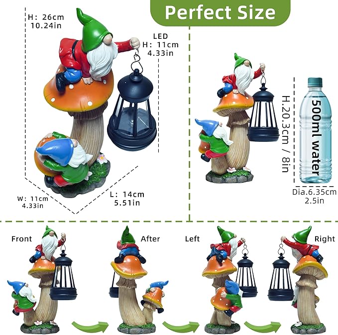 Funny Garden Gnomes Outdoor Climbing on Mushroom with Holding a Solar LED Lantern Resin Mushroom Statue for Patio Yard Lawn Porch Decor