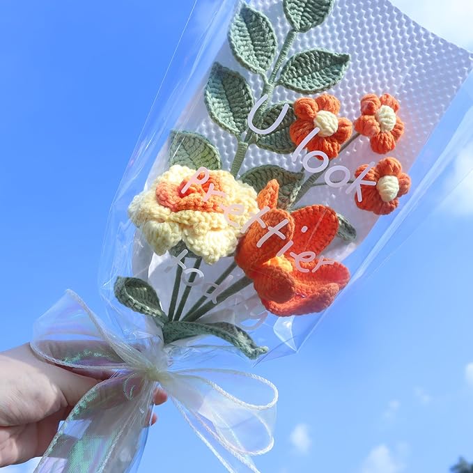 YOOJEE Crochet Flower Bouquet Yellow Rose Tulip Christmas Day Gift - Pet-Safe Handmade Knitted Florals for Women Coworkers Teachers with Greeting Card