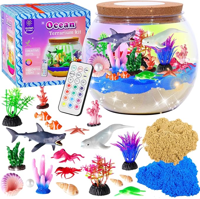 Hannstar Ocean Light Up Terrarium Kit for Kids - Sea Animal Toys LED Night Light Ocean Shark Birthday Gift for Boys & Girls Ages 4 5 6 7 8-12, Kids Arts & Crafts Kit