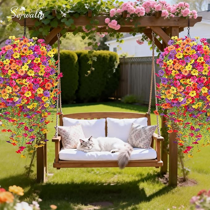 Serwalin 12PCS Artificial Fall Flowers for Outdoors Decoration, Realistic Silk Artificial Fall Hanging Flowers for Patio, Garden, Porch, Window, Outside (Yellow, Hot Pink, Purple &Orange,12PCS)