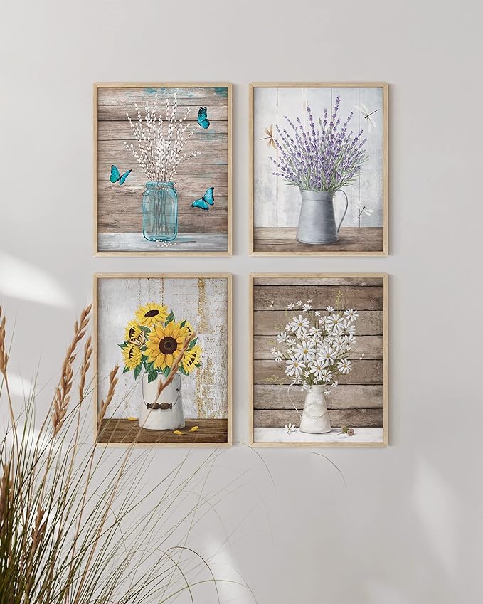 HAUS AND HUES Flower Wall Decor - Set of 4 Floral Wall Art, Framed Flower Paintings, Floral Pictures, Frameable Botanical Posters (8x10, Beige Frame)