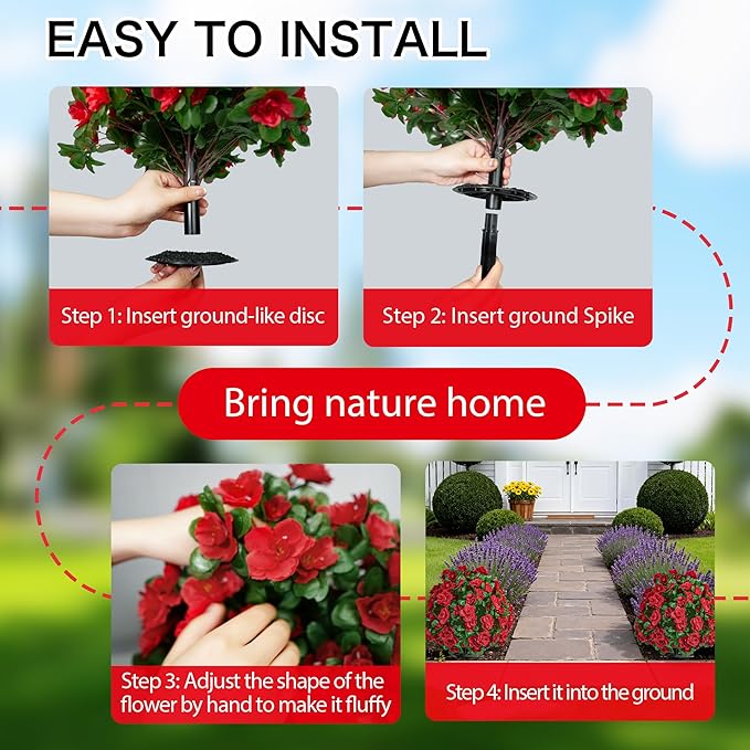 AZXVT Artificial Flowers for Outdoors, Faux Outdoor Plants Fake Plants Topiary Balls Artificial Outdoor Set of 2 with Ground Spike for Home Front Porch Patio Garden Decor (Red)