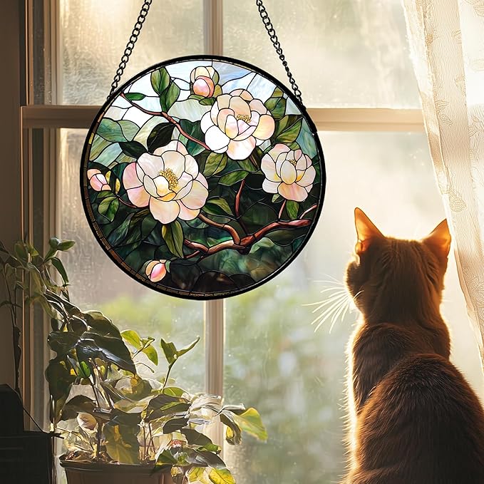 AMDERVEN Stained Glass Suncatcher, Light Pink Flowers Green Leaf Sun Catcher Plant Stain Glass Window Hanging Decoration Mother's Day Birthday Gifts for Women Men Mom Nana 7.8 in
