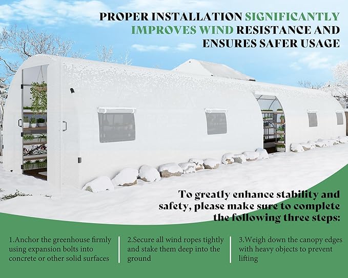 AMERLIFE 44x10x7.5 FT Tunnel Greenhouse for Outdoors, Large Walk-in Greenhouse kit with Reinforced Steel Frame, Swing Door & Premium PE Cover, White