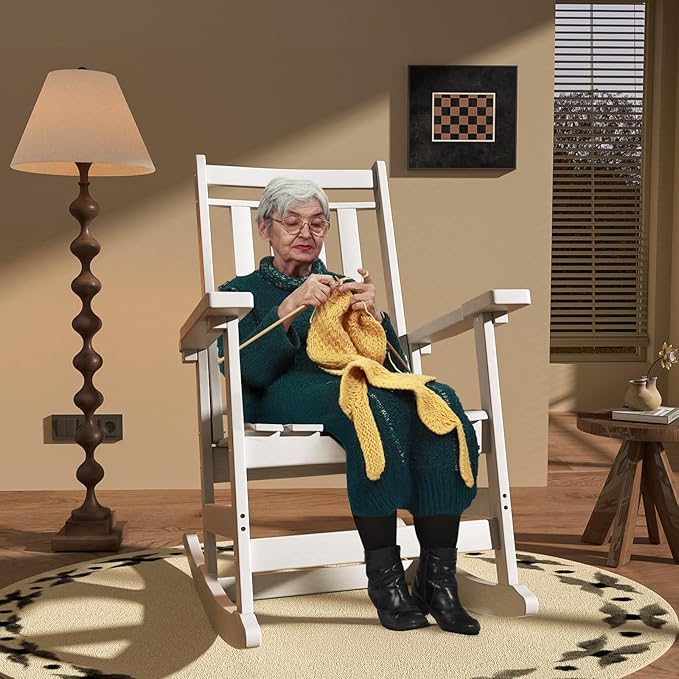 Oversized Outdoor Rocking Chair,All Weather Rocker Chair with More Comfortable Seat Panel for Porch Patio Outside(White)