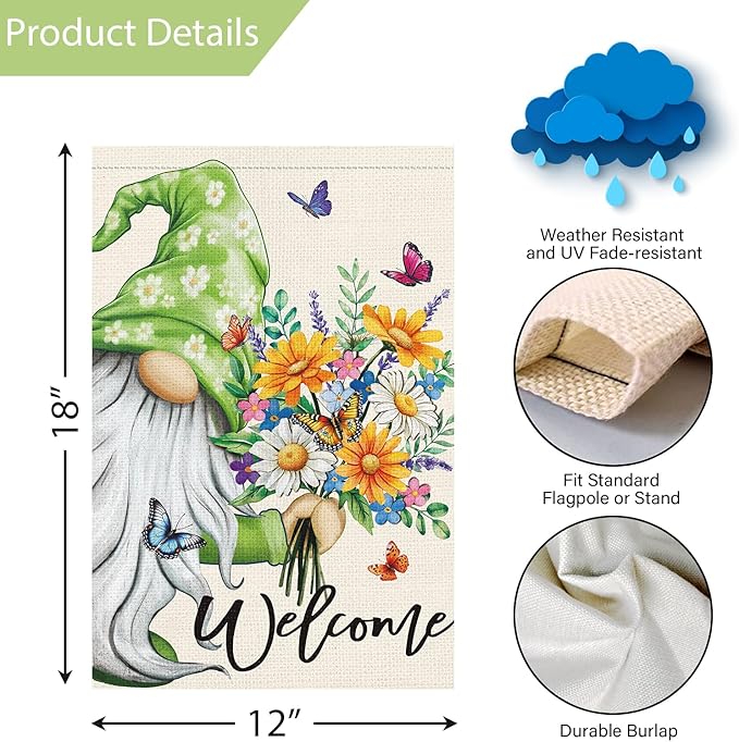 Louise Maelys Spring Welcome Garden Flag Gnome Floral Double Sided 12x18 Inch Flower Small Burlap Seasonal Holiday Yard Outdoor Flag Outside Home Decoration (Only Flag)