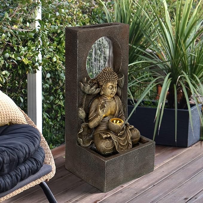 Ferrisland Buddha Waterfall Fountain Outdoor, Freestanding Relaxing Water Fountain, Asian Zen Fengshui Patio Garden Backyard Decking Home Decor, Gift Ideas (Gold, 27.6" H)