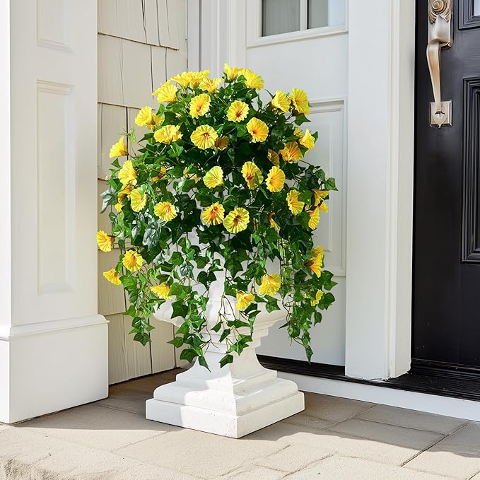 Morning Glory Artificial Hanging Flowers for Outdoors 3 Pcs Fake Petunias Flower Faux Silk Long Trailing Vines Realistic Flower for Front Door Porch Patio Balcony Garden Yard Decor (3 Pcs Yellow)