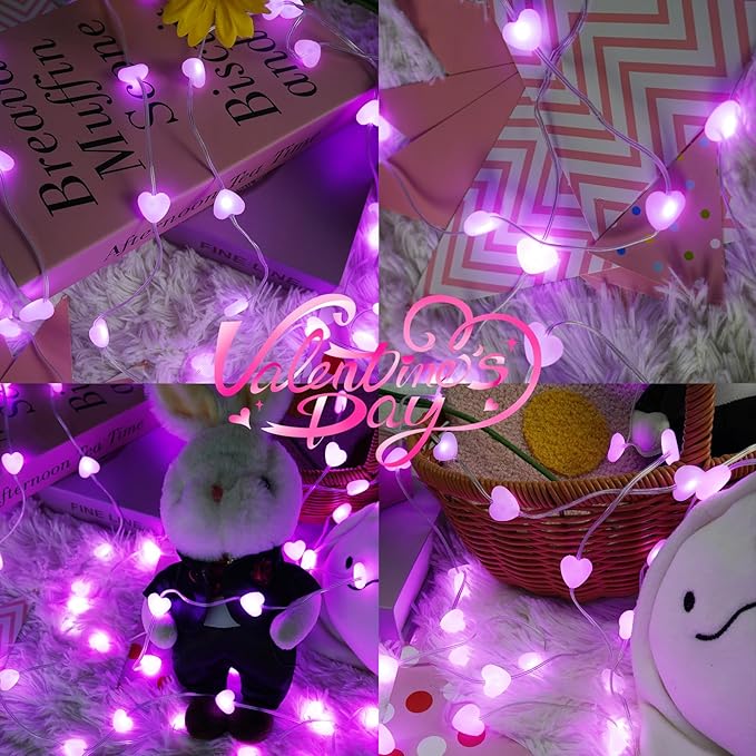 Valentine’s Day Twinkle Fairy Lights with Timer | 10FT 30LED Battery Operated Pink Heart Light with Remote for Wedding Bedroom DIY Indoor, Girl‘s Romantic Gifts Valentine Decor