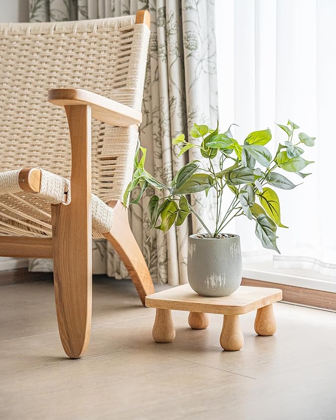 100% Solid Wood Plant Stand Indoor, Wooden Stool Display Stand, Riser Flower Pot Holder, Modern Plants Rack, Small Planter Tray for Home Decor, Living Room, Gardening, Natural (1PC)