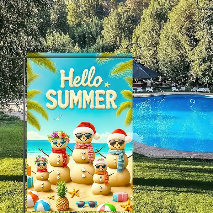Welcome Summer Garden Flag 12x18 Inch Double Sided Beach Snowman Garden Flag Ocean Coastal Decorative Yard Outdoor Small Decor Christmas Outside Decorations