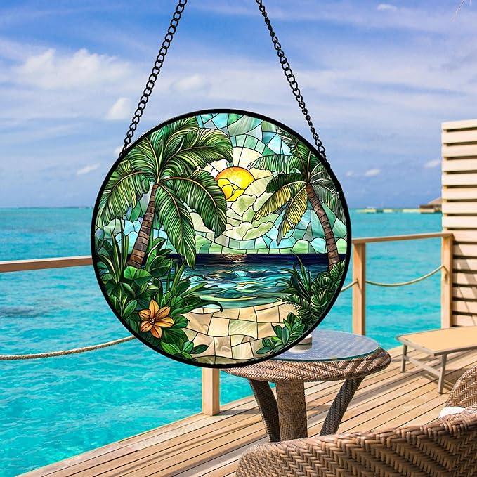 DASTOLL Stained Glass Window Hanging, Green Beach Scenery Suncatcher Diamond Glass Panel Hangings Sun Catchers Decor for Birthday for Women, Men, Wife, Aunt, and Mom 14.9x14.9 in