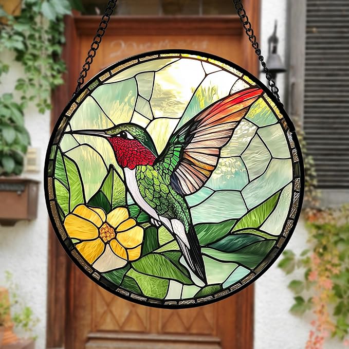 AMDERVEN Stained Glass Window Hanging, Green Hummingbird Sun Catcher for Door Home Decor, Birds Suncatcher Christmas Mother's Day Birthday Gifts for Bird Lovers Women Men Mom and Nana 11.8 in