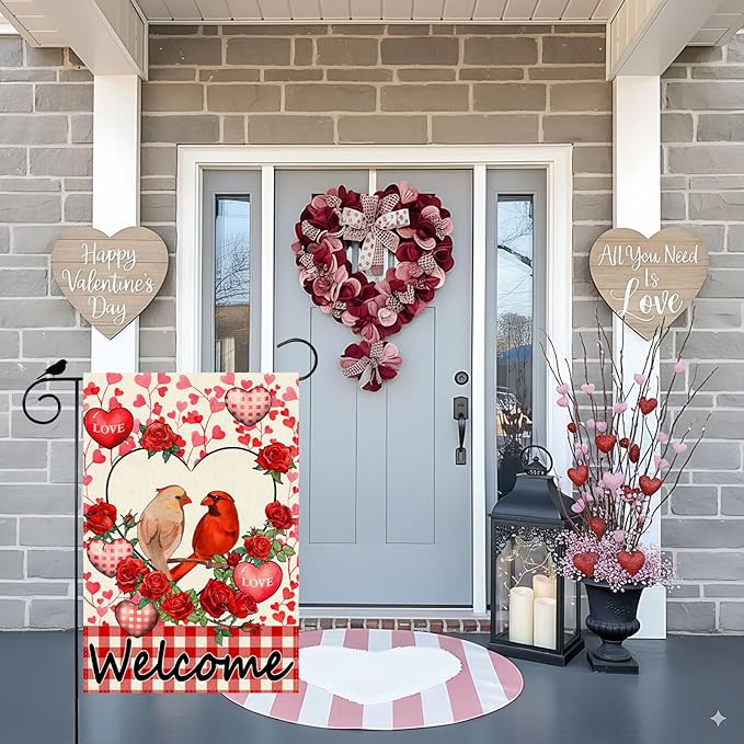 Welcome Valentine’s Day Cardinal Buffalo Love Heart Balloons Garden Flag Romantic Roses Yard Flag 12x18 Inch Double Sided Small Mini Yard Outdoor Outside Holiday Decoration