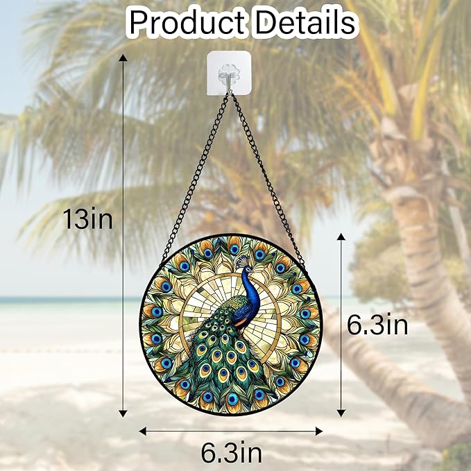 Stained Glass Window Hanging - Retro Peacock Decoration Suncatcher for Door Garden Home Bird Feather Sun Catchers Christmas Mother's Day Birthday Gifts for Women Men Mom Nana Friend 6.3 in