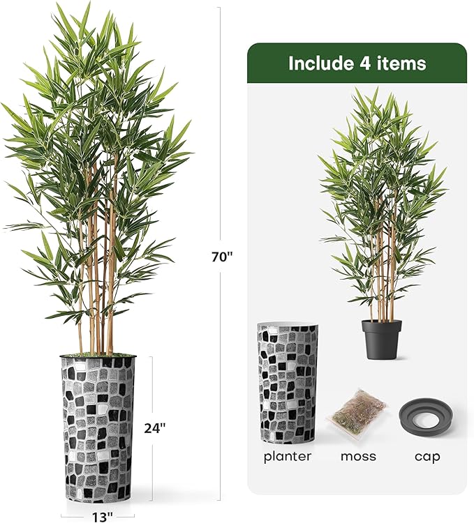 Artificial Tree in Modern Geometric Pattern Planter, Fake Bamboo Silk TRE for Indoor and Outdoor Home Decoration - 70" Overall Tall (Plant Pot Plus Tree)