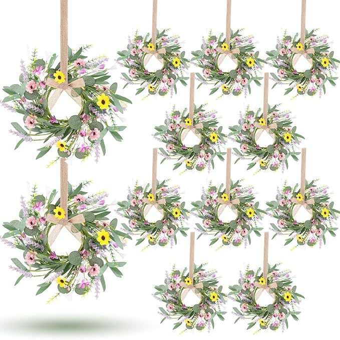 12 Pcs 3inch Spring Summer Artificial Flowered Wreath Mini Floral Wedding Candle Rings Wreaths Kitchen Cabinet Swags Wreath Pillar Candle Holder for Wedding Spring Summer Home Door Tabletop Decoration