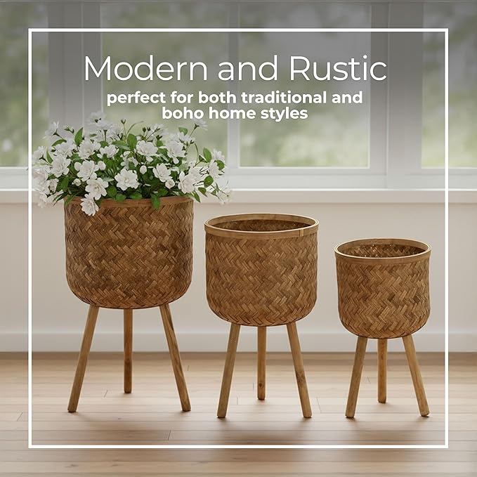 Set of 3 Bamboo Pot Planter with Stand – Modern Wooden Planters with Stand for Indoor/Outdoor, Stylish Hallway Home Decor & Garden– Standing Raised Floor Pot for Display -11/13/15", Brown