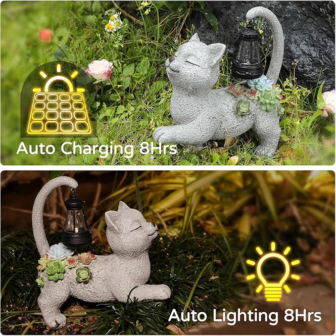 WENYLE Solar Garden Outdoor Statues,Cat Garden Statue with Succulent Solar Lantern, Cat Lover Gifts for Women