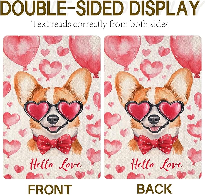 Valentine's Day Corgi Hello Love Garden Flag, House Yard Plaid Love Heart Outside Decoration, Spring Holiday Wedding Anniversary Outdoor Small Decor 12x18(12644)