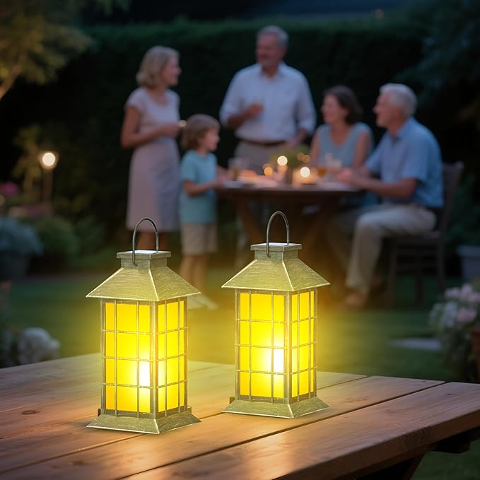 2 Pack 13" Bronze Solar Lantern with Flickering Flame Candle | Outdoor Waterproof Hanging Lanterns, Metal & Glass Solar Lights for Garden Decoration, Rustic Gifts for Mom