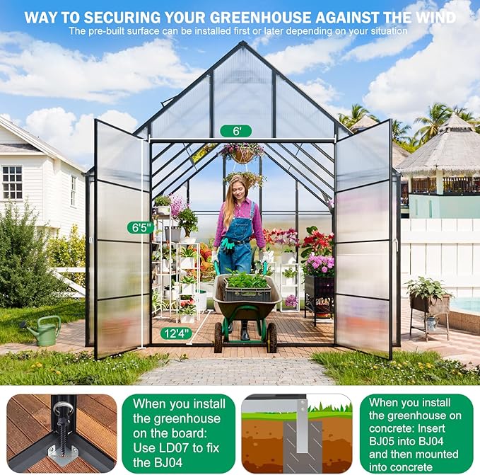 CDCASA 12.4x10.2x10 FT Greenhouse for Outdoors,Easy Assembly Large Polycarbonate Greenhouse Aluminum Heavy Duty Greenhouses w/2 Vents, Swing Door, Walk-in Green House for Patio, Backyard, Garden