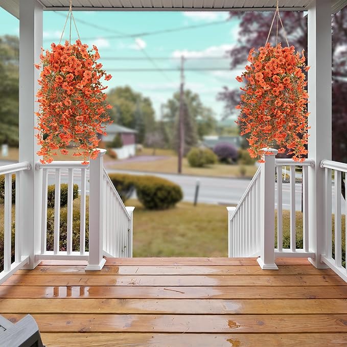 Artificial Fake Hanging Flowers Fall Plants for Outdoor Outside Autumn Decoration 2PCS Faux Silk UV Resistant Realistic with Eucalyptus for Home Thanksgiving Harvest Porch Patio Balcony(Fall Orange)