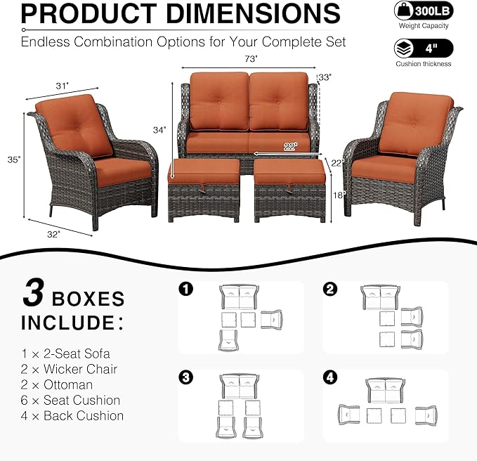 Joyside 5 Piece Wicker Patio Furniture Set, Rattan Patio Chairs with High Back, Deep Seating, Wide Armrest, Thickened Cushions, Outdoor Furniture for Deck, Porch Use
