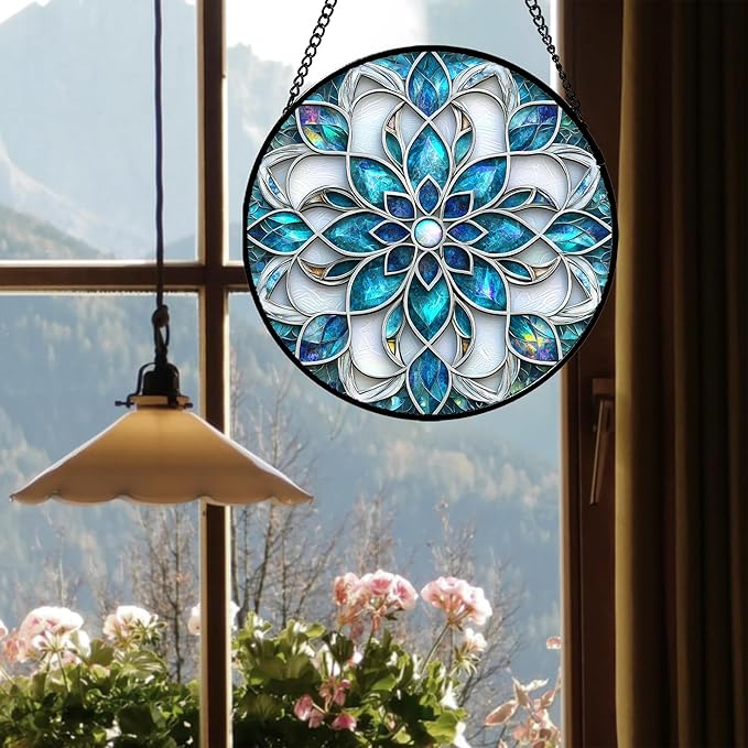 JOSUMALY Stained Glass Window Hanging - Blue White Abstract Flowers Suncatcher for Door Terrace Garden Home Decor Boho Sun Catcher Birthday Gifts for Lovers Women Men Dad Mom Nana 15 in