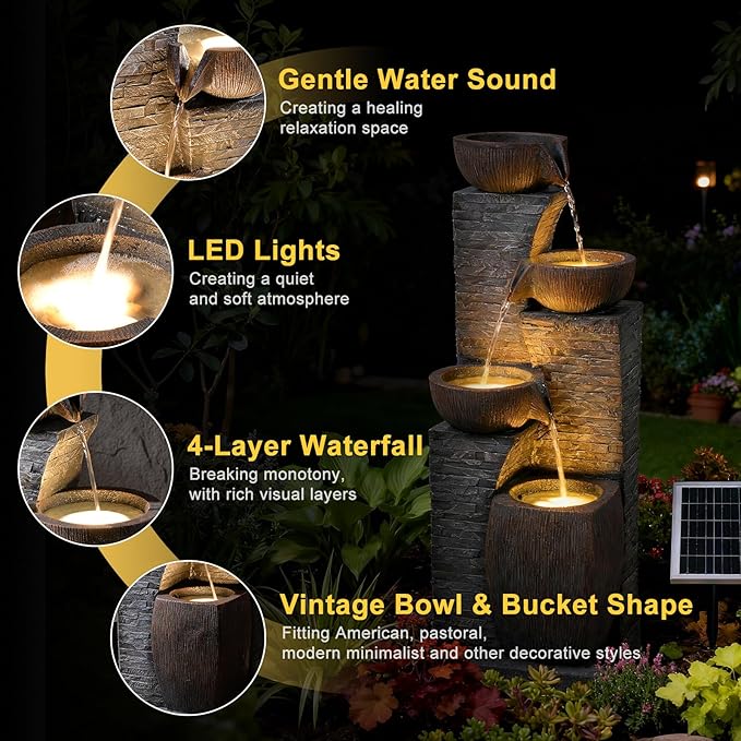 Solar Water Fountain Outdoor Garden, 38.2" Tall Stone Texture Modern Outdoor Fountain with 4 Tiers Cascading Bowls and Pump Solar Panel for Patio, Deck, Porch, Backyard Home Decor