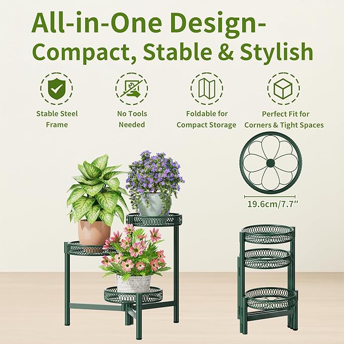 NQW Plant Stand Indoor Outdoor, 3 Tier Corner Metal Flower Display Holder Shelf, Folding Tall Plant Rack for House Patio Balcony Porch Garden Living Room, Heavy Duty Anti-Rust Wrought Iron - GreenFlower