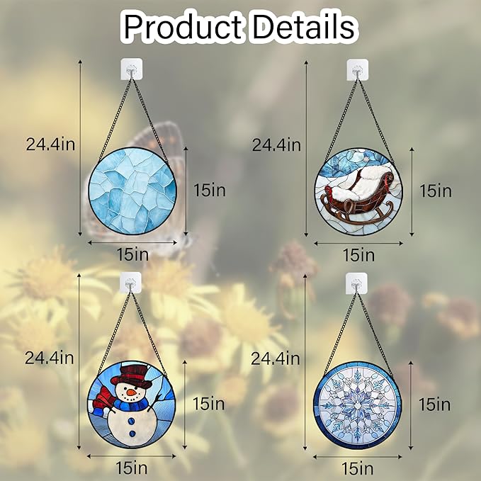 AMDERVEN Stained Glass Window Hanging 4 Pcs Set Blue White Christmas Snowman Snowflake Large 15" - Suncatcher Door Garden Sun Catcher Decor Birthday Mother's Day Xmas Gifts for Mom Woman Nana Men