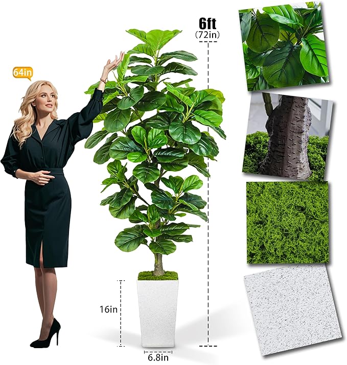 KOPWVA Artificial Fiddle Leaf Fig Tree 6ft, 6 Feet Large Tall Fake Plants Indoor with Modern Style Planter, Artificial Silk Tree for Home Office Living Room Decor Indoor, More Lifelike & Lush (White)
