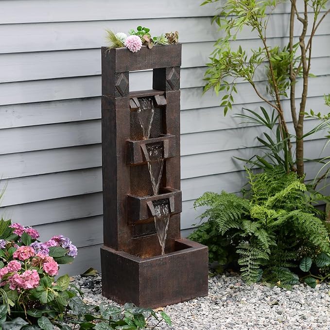 40.9" H Indoor Outdoor Modern Water Fountain with Lights & Pump, 4-Tier Cascading Outdoor Patio Waterfall Fountain for Garden, Porch, Yard, Landscape, Indoor Décor, Brown Vintage Wood-Look