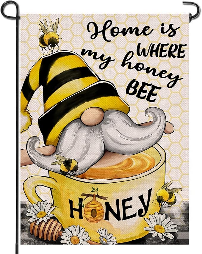 Artofy Home is Where My Honey Bumble Bee Gnome Decorative Garden Flag, House Yard Spring Summer Outside Decor, Outdoor Small Burlap Decoration 12x18