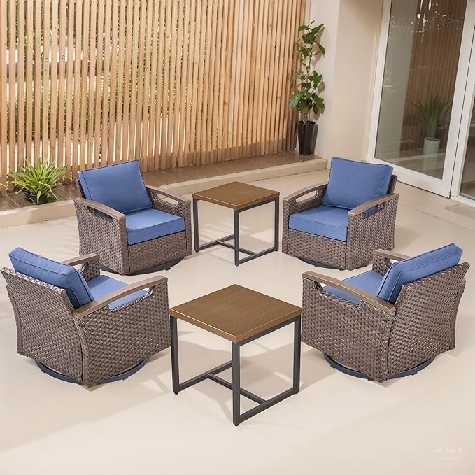 Rilyson 6 Piece Outdoor Patio Swivel Rocking Chairs, All Weather Wicker, Metal Armrest, Deep Seating, Thick Cushions, Side Table, Ideal for Deck Porch Backyard, Brown/Blue