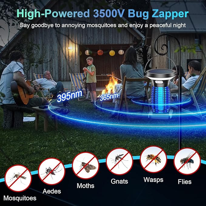 Solar Bug Zapper Outdoor, 3-in-1 Mosquito Zapper Outdoor Solar Powered, Cordless Electric Bug Zapper Indoor with Night Light, Waterproof Fly Zapper for Patio Backyard Home Kitchen Camping