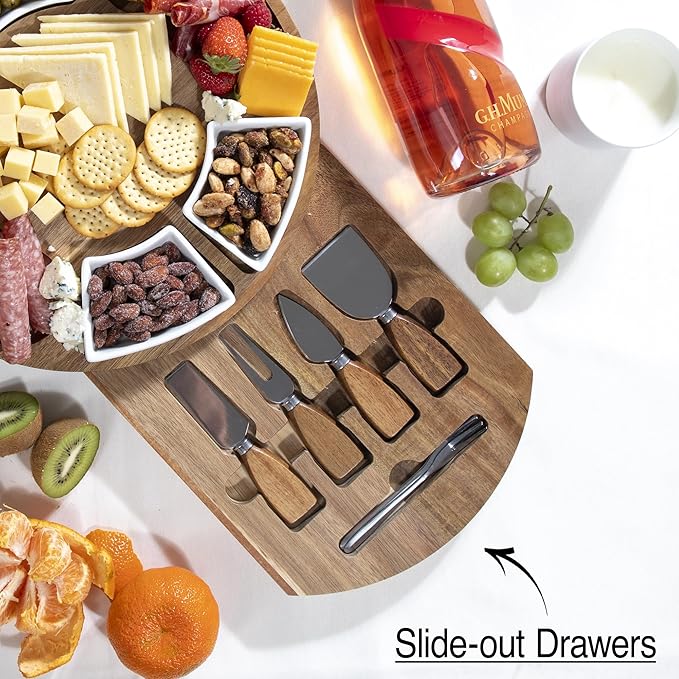 Acacia Cheese Board & Knife Set – Charcuterie Board with Ceramic Bowls, Slide-Out Drawer & Serving Utensils, Perfect for Entertaining – Ideal Gift for Weddings, Housewarming & Holidays