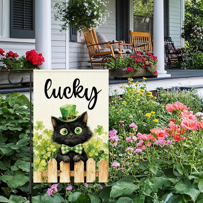 St Patricks Day Garden Flag 12x18 Inch Double Sided,Lucky Shamrocks Cat with Green Hat Outdoor Irish Decor House Porch Flag for St Patrick's Day Party and Yard Decorations