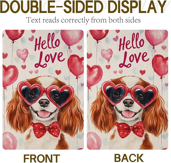 Valentine's Day Cavalier-King-Charles Spaniel Hello Love Garden Flag, House Yard Plaid Love Heart Outside Decoration, Spring Holiday Wedding Anniversary Outdoor Small Decor 12x18(12638)