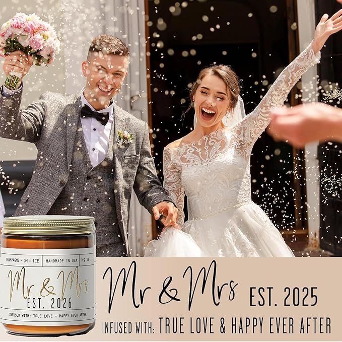 Wedding Gifts for Couples 2026, Bridal Shower Gifts from Bride - 'Mr and Mrs Est. 2026 Candle, w/Champagne on Ice I Wedding Shower for Newlyweds I 50Hr Burn, USA Made
