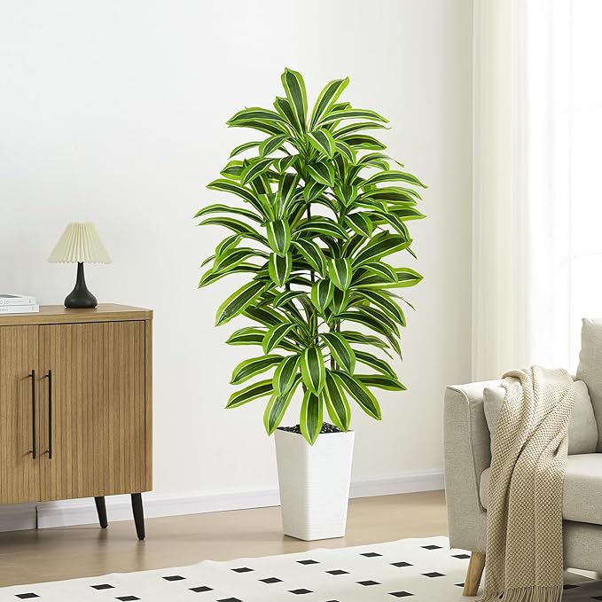 Artificial Yellow Dracaena Tree - 6FT Tall Fake Plants with White Tall Planter - Artificial Plants Indoor Floor Plant in Pot - Large Tropical Fake Yucca Potted Tree for Home Office Living Room Decor