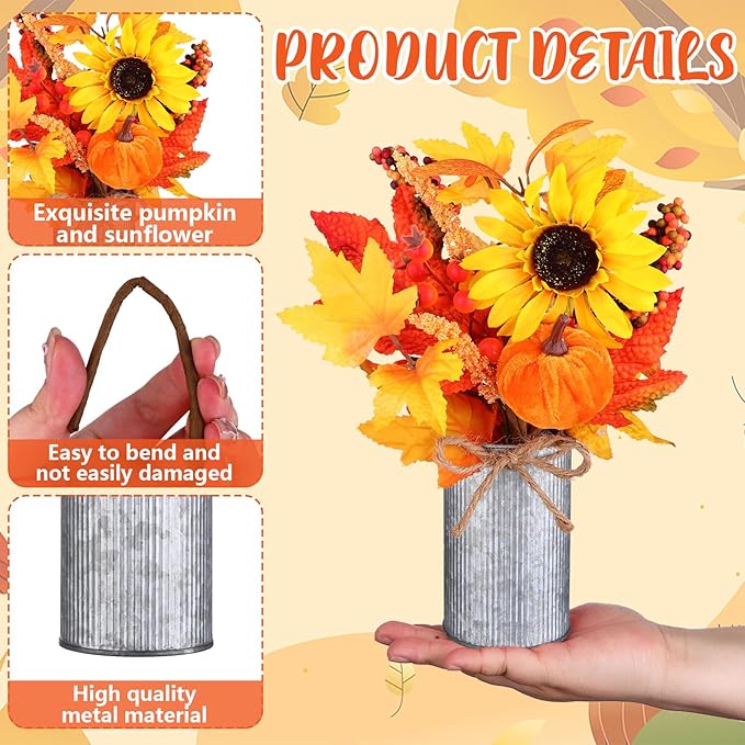 6 Pack Fall Fake Potted Plants Thanksgiving Floral Arrangements Artificial Sunflowers Maple Leaf Berry Pumpkin Metal Pots Faux Flower Harvest Holiday Table Centerpieces Rustic Mantel Decor