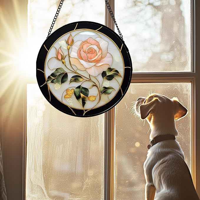 AMDERVEN Stained Glass Window Hanging - Black White Pink Rose Sun Catcher for Door Home Decor Flower Suncatcher Christmas Mother's Day Birthday Gifts for Women Men Lovers Mom Nana 6.3 in